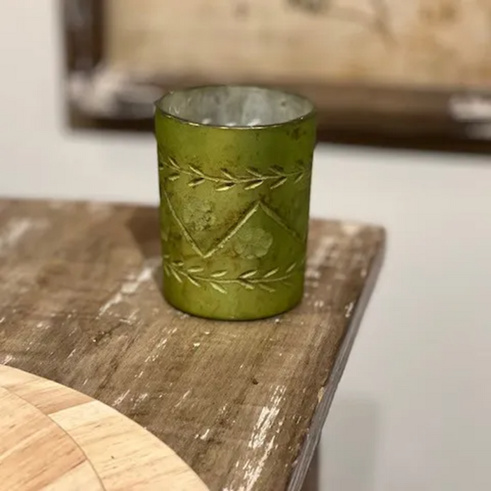 Antique Olive Etched Petite Candle Holders Set/12