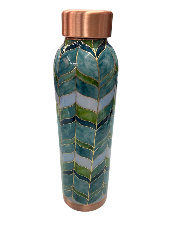 Pure copper 1000ml water bottle with decorative green leaf design