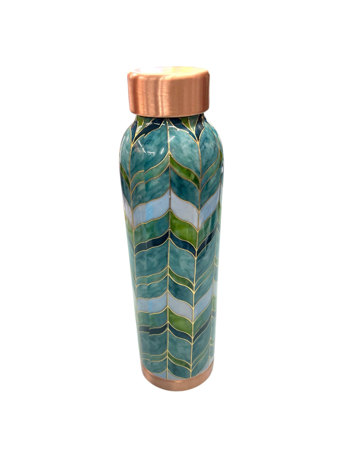 Attro handcrafted copper water bottle with green leaf pattern