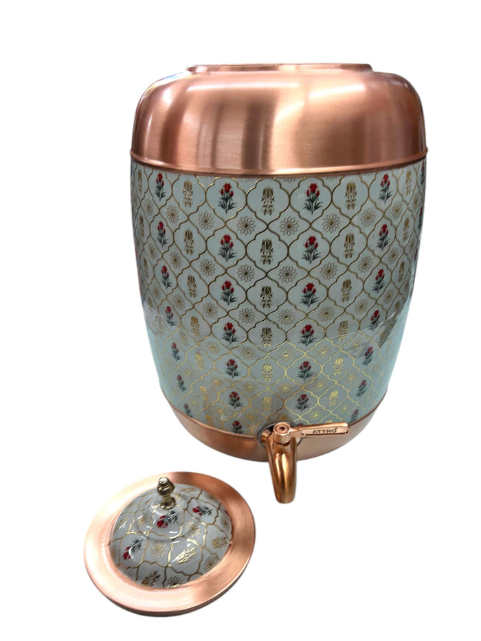 Handcrafted 11L copper water tank with traditional gold and red floral motifs