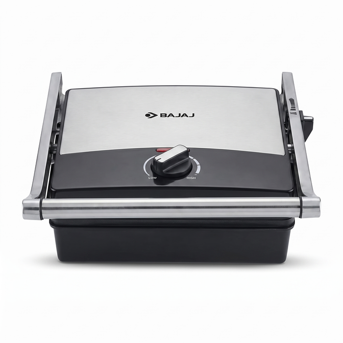 Bajaj 4 Grill Ultra 4-slice capacity with four sandwiches pressed on the grill plate