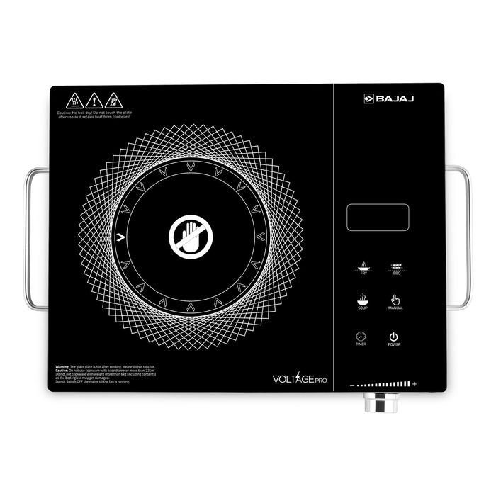 Bajaj IRX 220F 2200W infrared cooktop with feather touch controls and digital display in black and silver