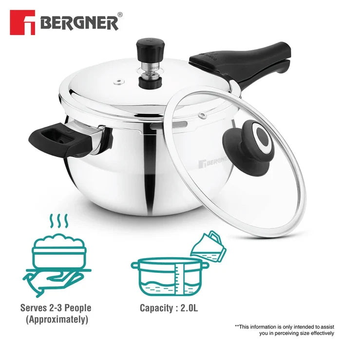 Bergner Argent Paarth Tri-Ply Steel Pressure Cooker with Glass Lid
