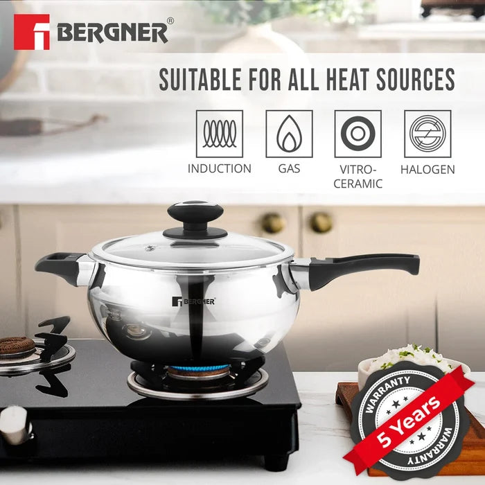Bergner Argent Paarth Tri-Ply Steel Pressure Cooker with Glass Lid