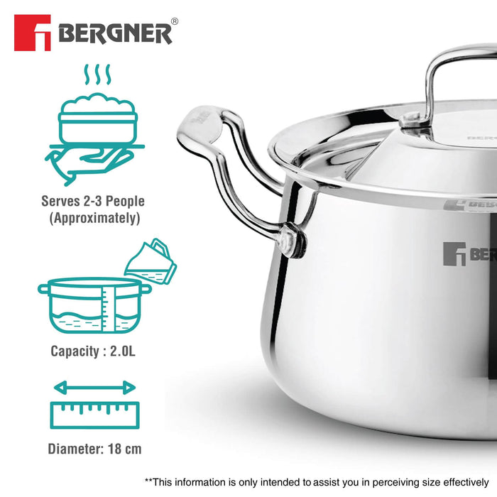 Bergner Argent Samsara Triply Stainless Steel Biryani Handi with lid, 2.0L capacity, 18 cm diameter, serves 2-3 people.