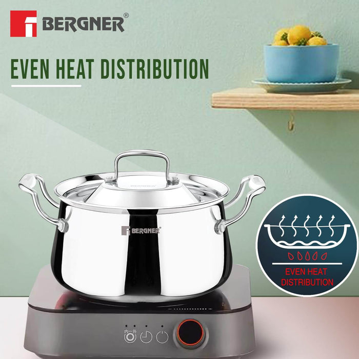 Bergner Stainless Steel Biryani Handi on induction cooktop showcasing even heat distribution for efficient cooking.