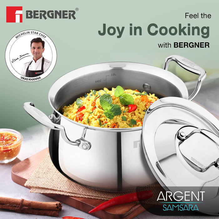 Bergner Argent Samsara Triply Stainless Steel Biryani Handi with Lid, ideal for authentic cooking and induction compatible.