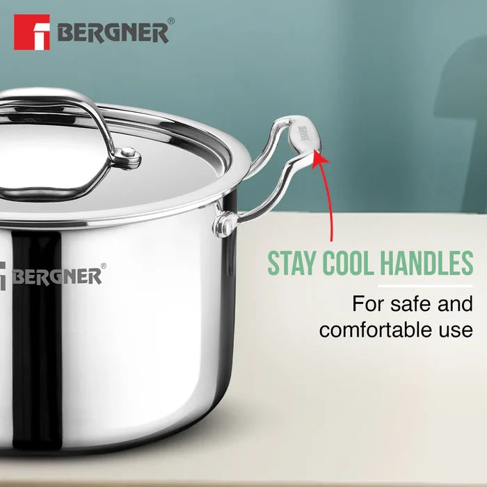 Bergner Argent Samsara Triply Stockpot with stainless steel lid available in 4 sizes for Indian kitchens