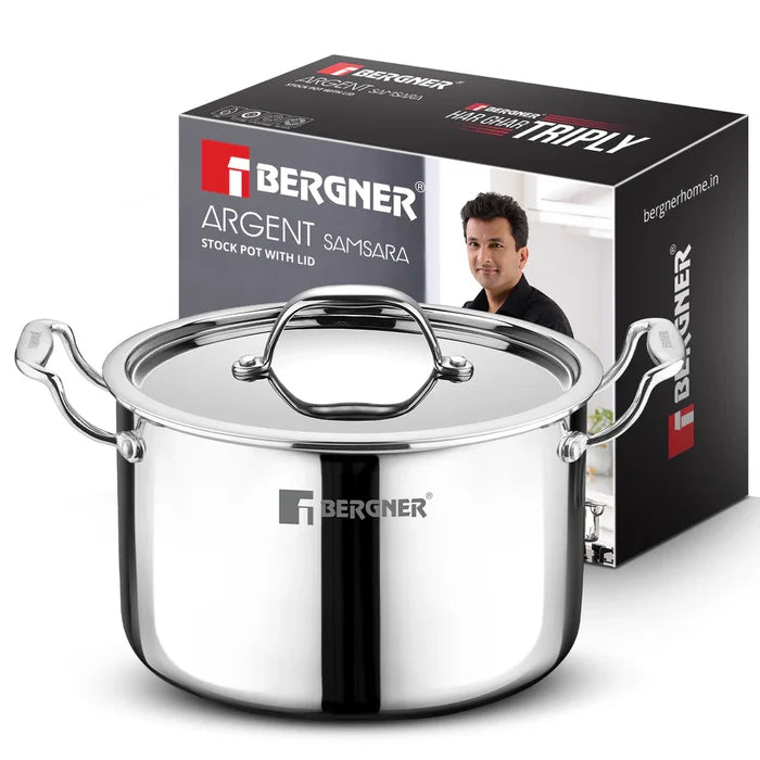 Bergner Argent Samsara stockpot range — 18cm 22cm 24cm 28cm triply stainless steel pots with lids