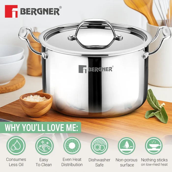 Bergner triply stainless steel stockpot SS 304 interior pure aluminium core SS 430 exterior construction