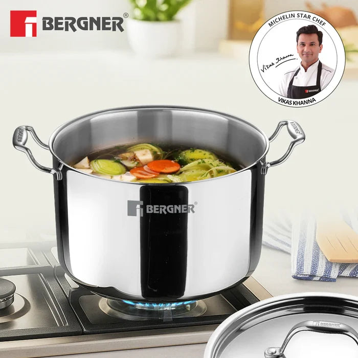 Bergner Argent Samsara stockpot endorsed by Michelin Star Chef Vikas Khanna for professional cooking at home