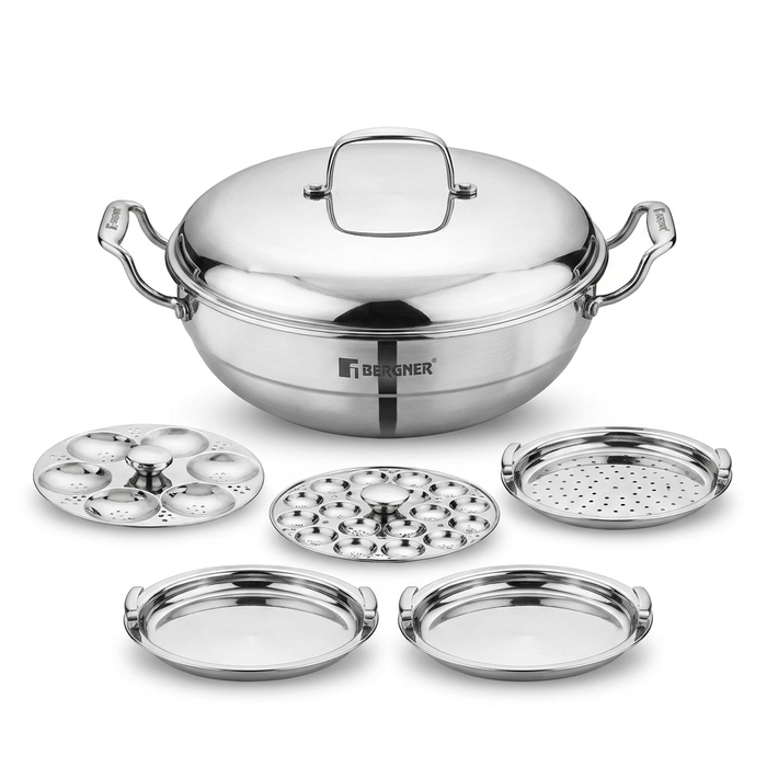 Bergner Argent Triply Multi Kadai 27cm 4L stainless steel with steel lid