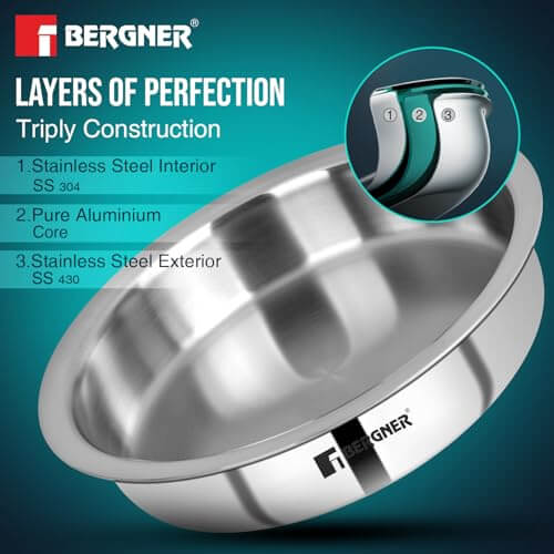 Bergner TriPly stainless steel kadai showcasing stainless steel layers for superior heat distribution and cooking efficiency.