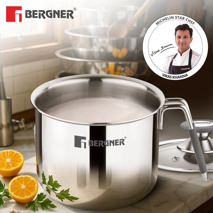 Bergner Argent Triply Stainless Steel Milk Boiler with Glass Lid & Stay-Cool Handle