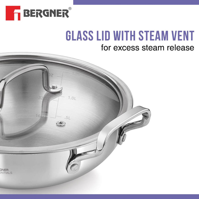 Bergner BE Essentials glass lid with steam vent for Kadai, ensures moisture retention and excess steam release.