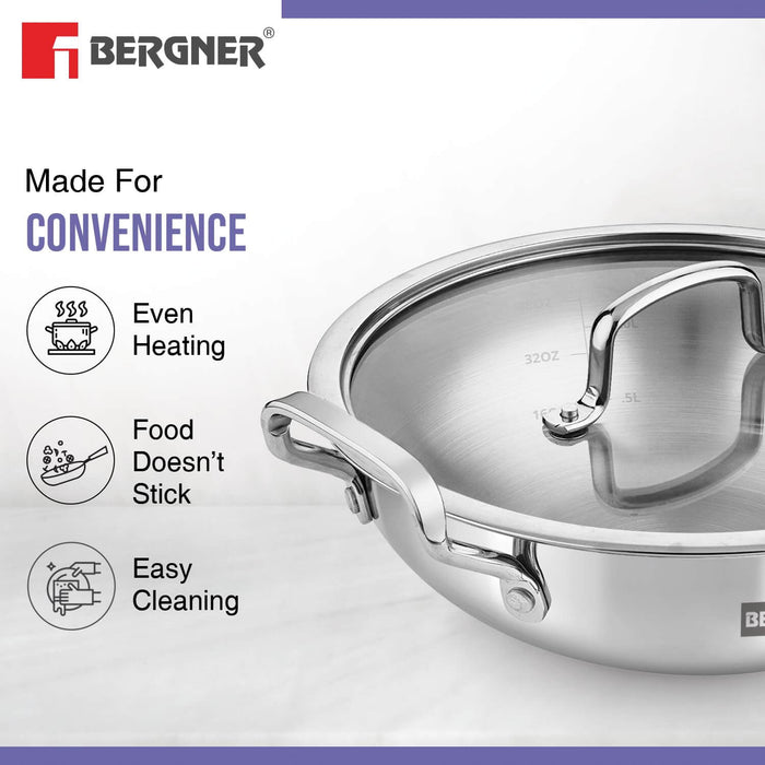 Bergner BE Essentials Tri-Ply Stainless Steel Kadai with premium glass lid, designed for even heating and easy cleaning.