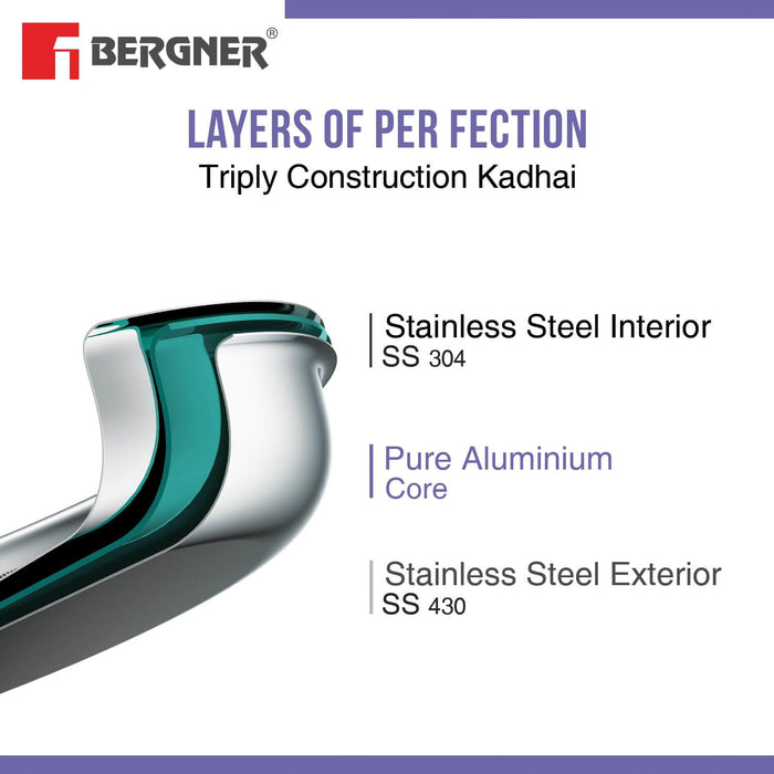 Bergner Tri-Ply Kadai showcasing stainless steel interior, aluminum core, and exterior for efficient cooking.