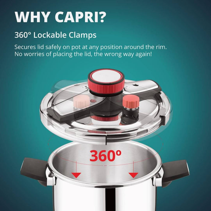 Premium stainless steel pressure cooker with 3-tier safety system and induction compatibility