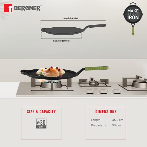 Bergner Elements Pre-Seasoned Cast Iron Tawa, 30 cm, Induction Friendly (Olive Green)