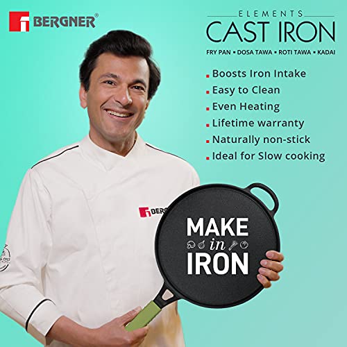Bergner Elements Pre-Seasoned Cast Iron Tawa, 30 cm, Induction Friendly (Olive Green)