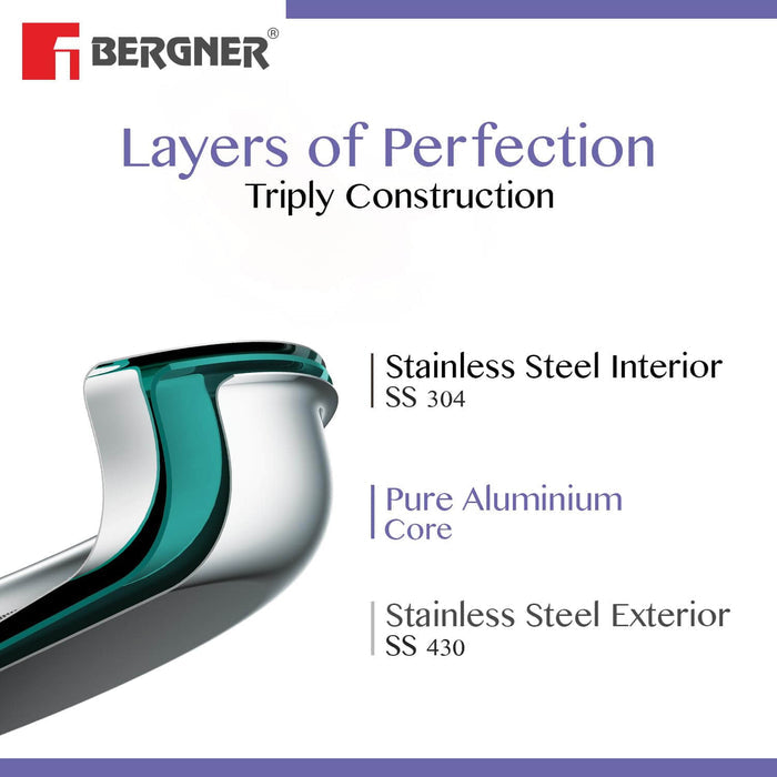 Bergner Essentials Tadka Pan showcasing tri-ply construction with stainless steel, aluminum core, and sleek design.