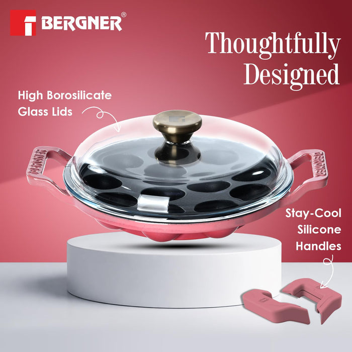 Bergner Excalibur paniyarakal with golden paniyaram cooking inside 12 pit cast iron pan