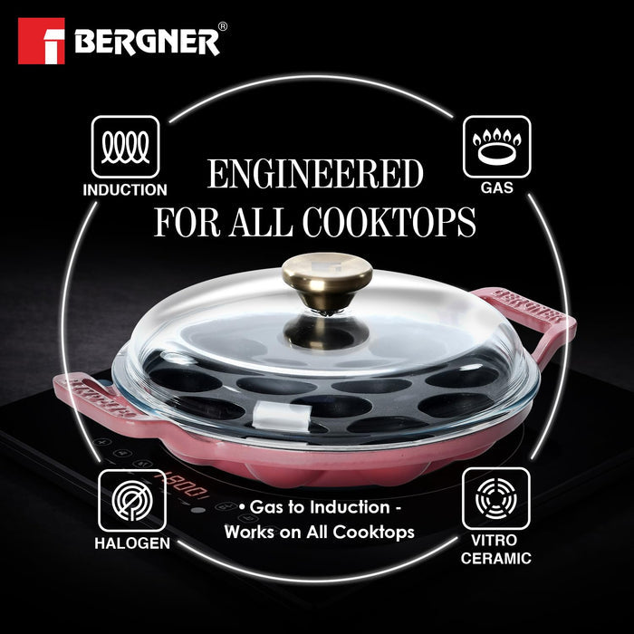 Pink cast iron kuzhi paniyaram chatti by Bergner with enamel non-stick coating