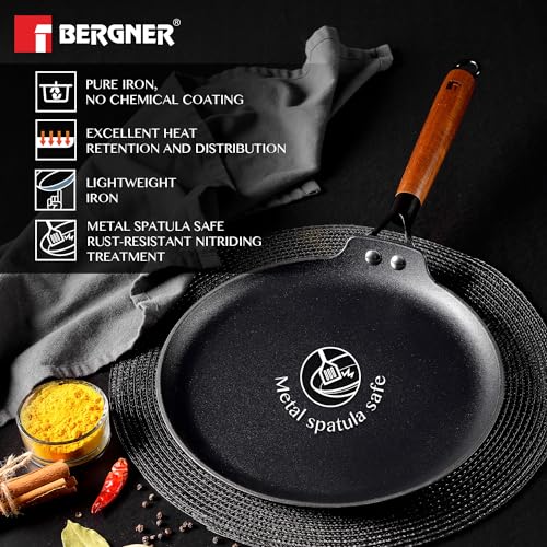 BERGNER Odin 28 cm Cast Iron Dosa Tawa with Wooden Handle