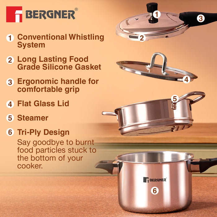 Induction-compatible TriPly pressure cooker family set with 20cm glass lid steamer for Indian cooking
