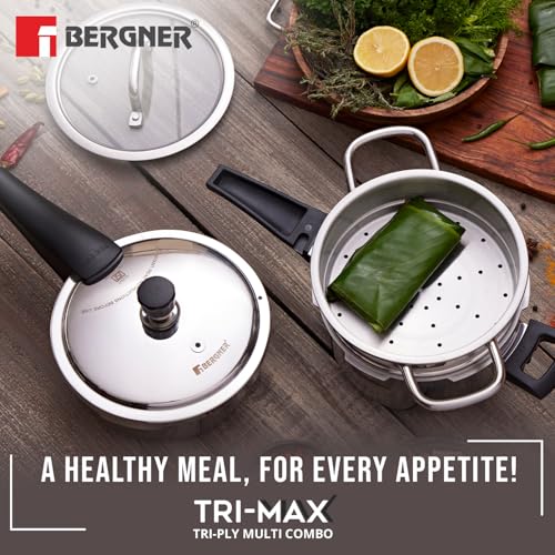 Stainless steel TriPly pressure cooker set with whistling mechanism and Bakelite cool-touch handles