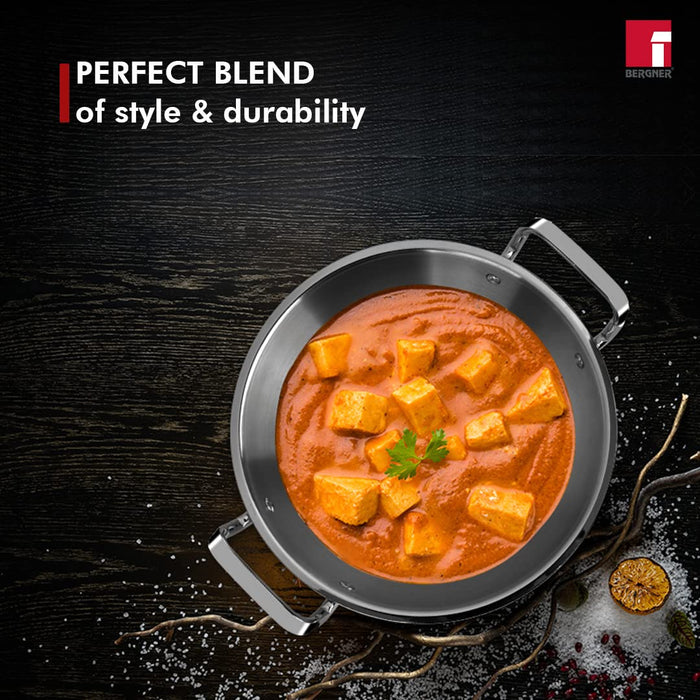 Bergner Tripro Triply Stainless Steel 3 Pc Cookware Set, 22 cm Indian Wok/Kadai, 22 cm Frypan, 14 cm Tea Pan, Even and Fast Heating, Induction Bottom, Gas Ready, Silver