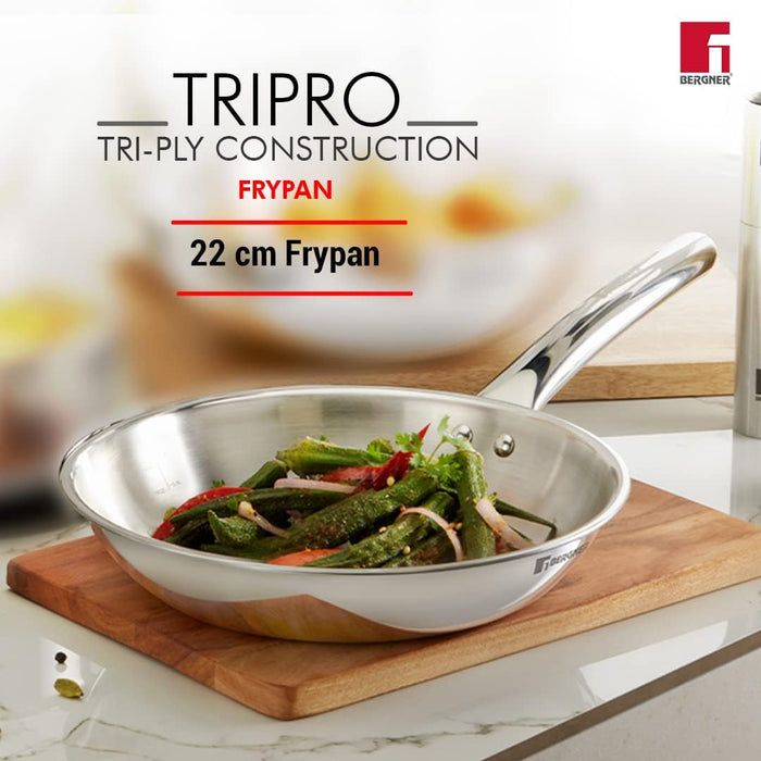 Bergner Tripro Triply Stainless Steel 3 Pc Cookware Set, 22 cm Indian Wok/Kadai, 22 cm Frypan, 14 cm Tea Pan, Even and Fast Heating, Induction Bottom, Gas Ready, Silver