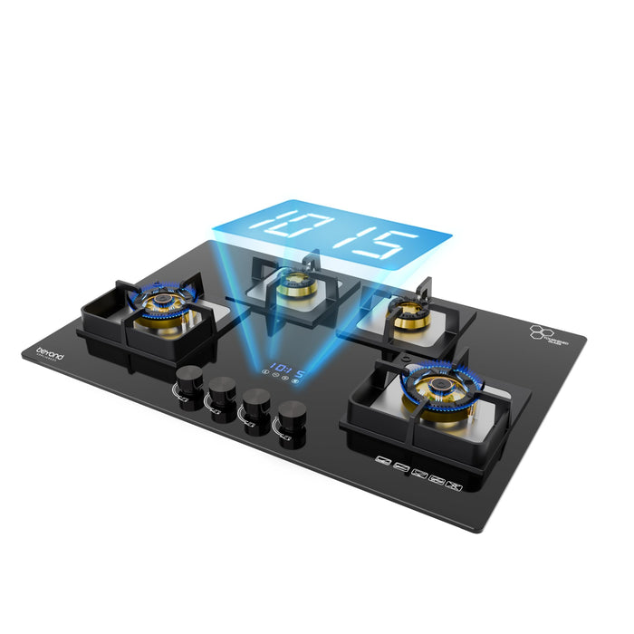 Beyond Appliances Dorado 4 burner smart hobtop gas stove with black toughened glass top and digital timer display