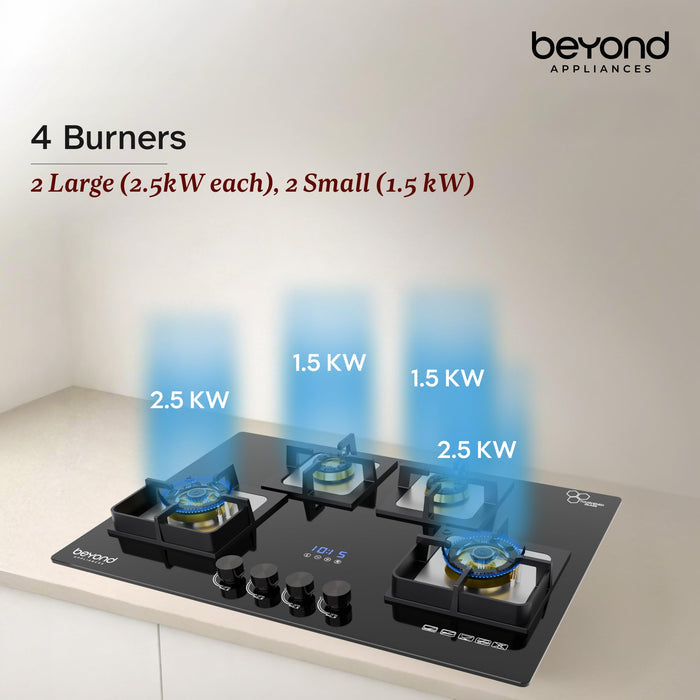 Beyond Dorado 4 burner configuration 2 large 2.5 kW and 2 small 1.5 kW burners with blue flame
