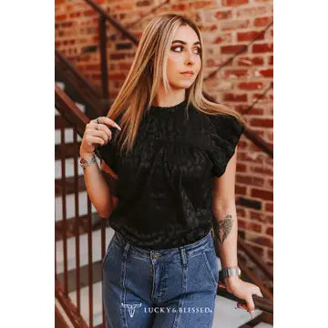 Black Leopard Satin Pleated Blouse