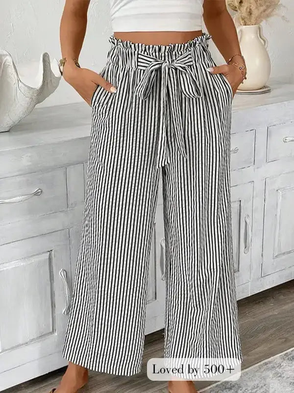 Black stripe tied high waist loose straight casual pants