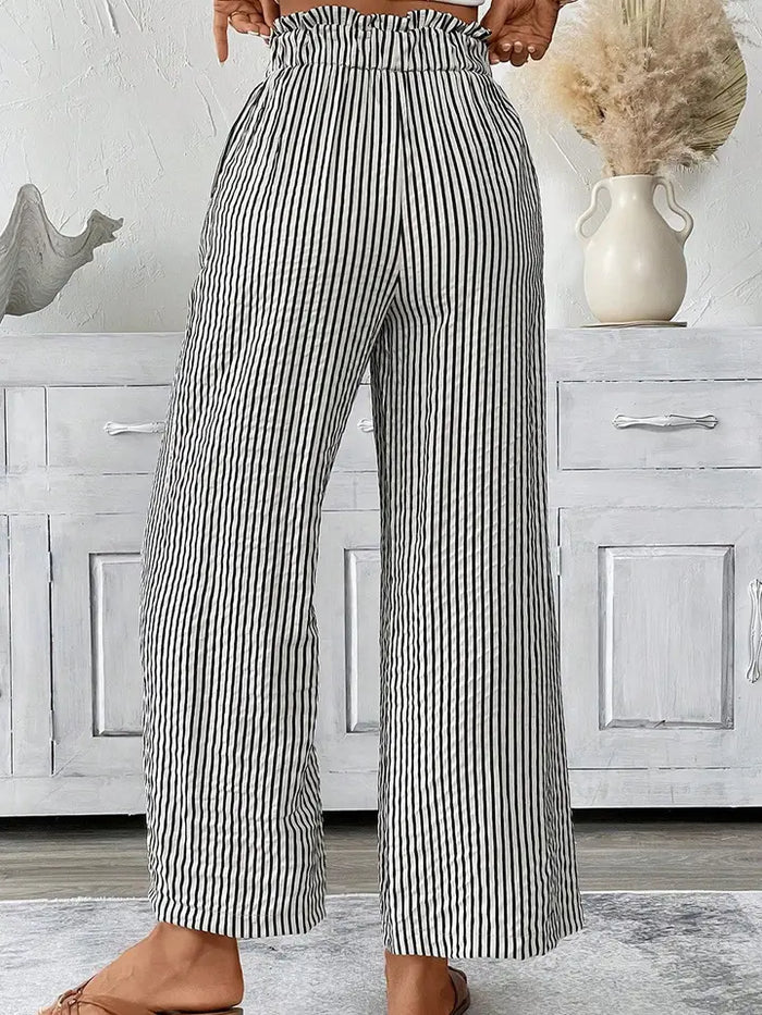 Black stripe tied high waist loose straight casual pants