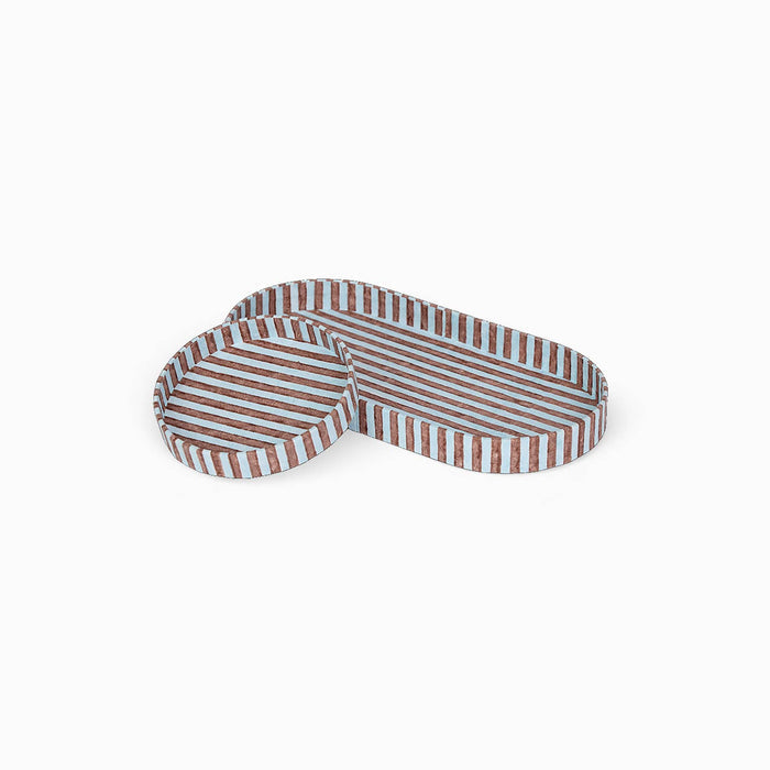 Block Printed Round Desk Tray Set, Classic Stripe Blue