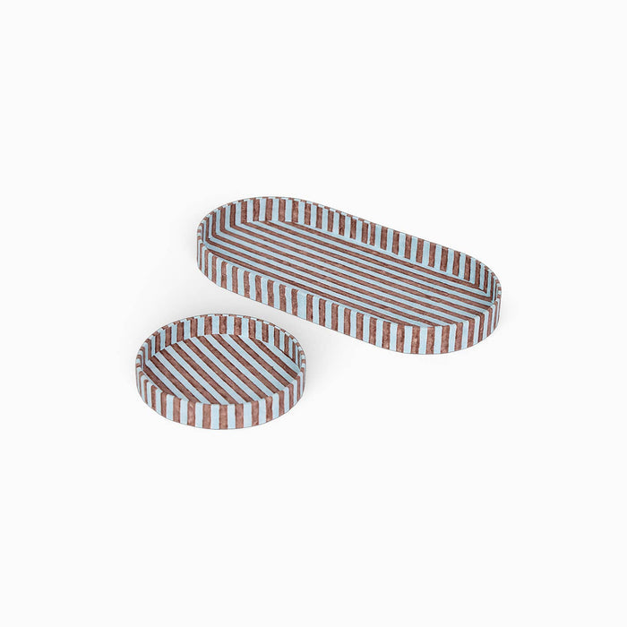 Block Printed Round Desk Tray Set, Classic Stripe Blue