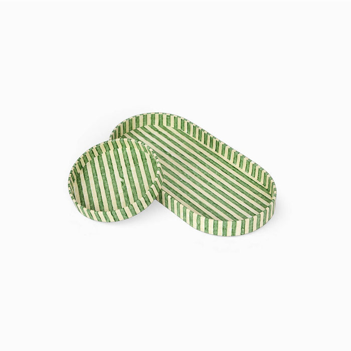 Block Printed Round Desk Tray Set, Classic Stripe Green