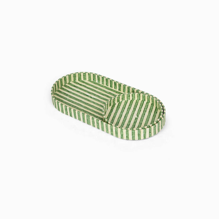 Block Printed Round Desk Tray Set, Classic Stripe Green