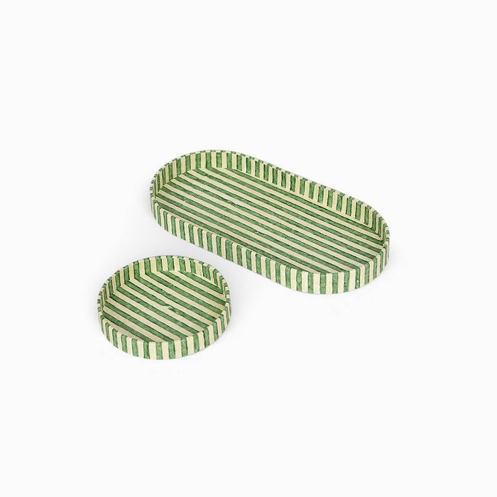 Block Printed Round Desk Tray Set, Classic Stripe Green