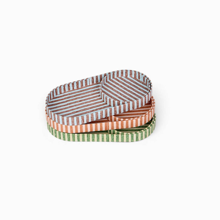 Block Printed Round Desk Tray Set, Classic Stripe Green