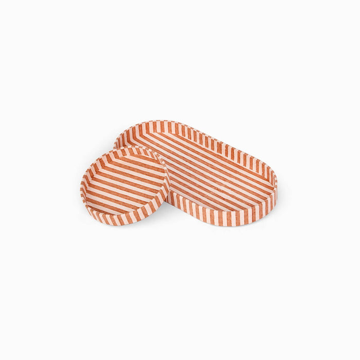Block Printed Round Desk Tray Set, Classic Stripe Orange