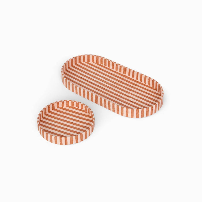 Block Printed Round Desk Tray Set, Classic Stripe Orange