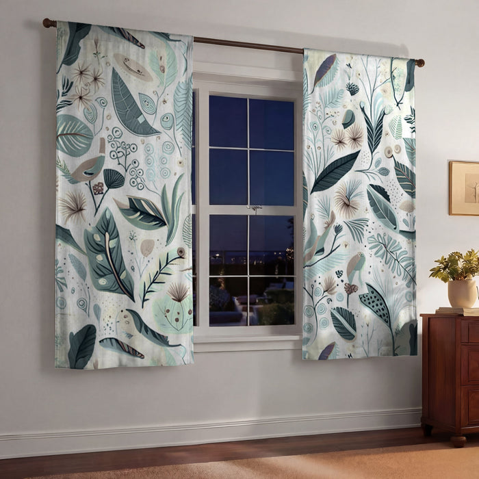 Blue Botanical Woodland Pattern Window Curtains