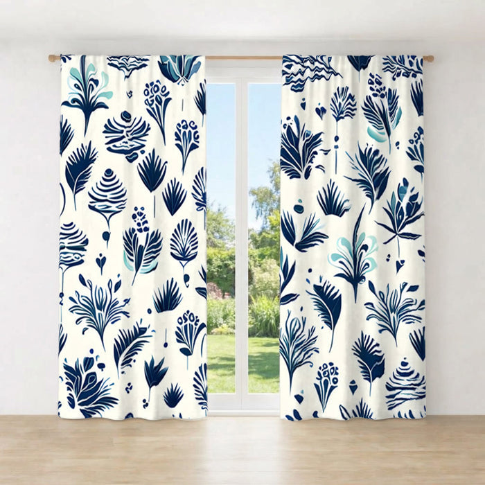 Blue Floral Botanical Pattern Window Curtains