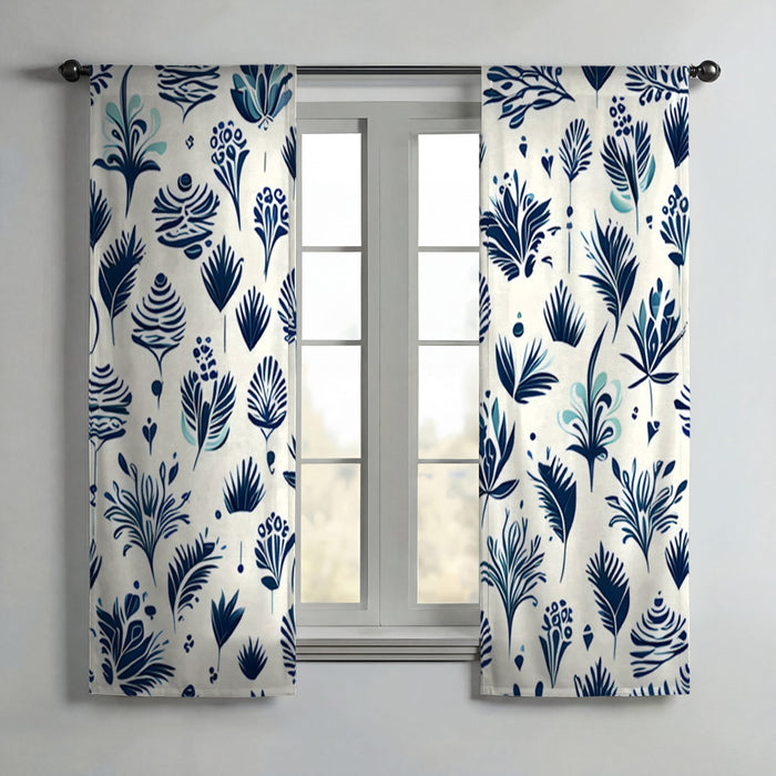 Blue Floral Botanical Pattern Window Curtains