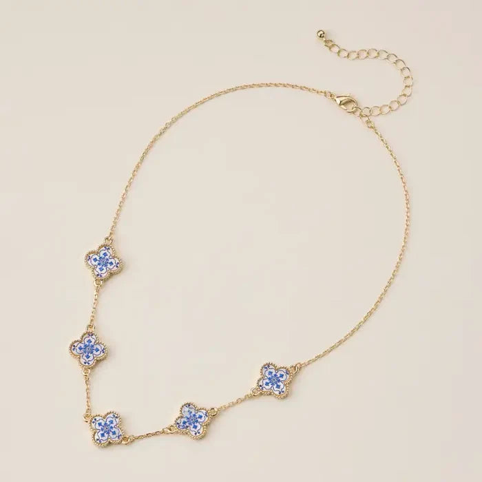 Blue Floral Clover Enamel Necklace – Gold Tone