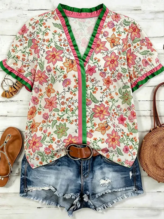 Boho Western Contrast Ruffle Trim V-Neck Floral Print Top